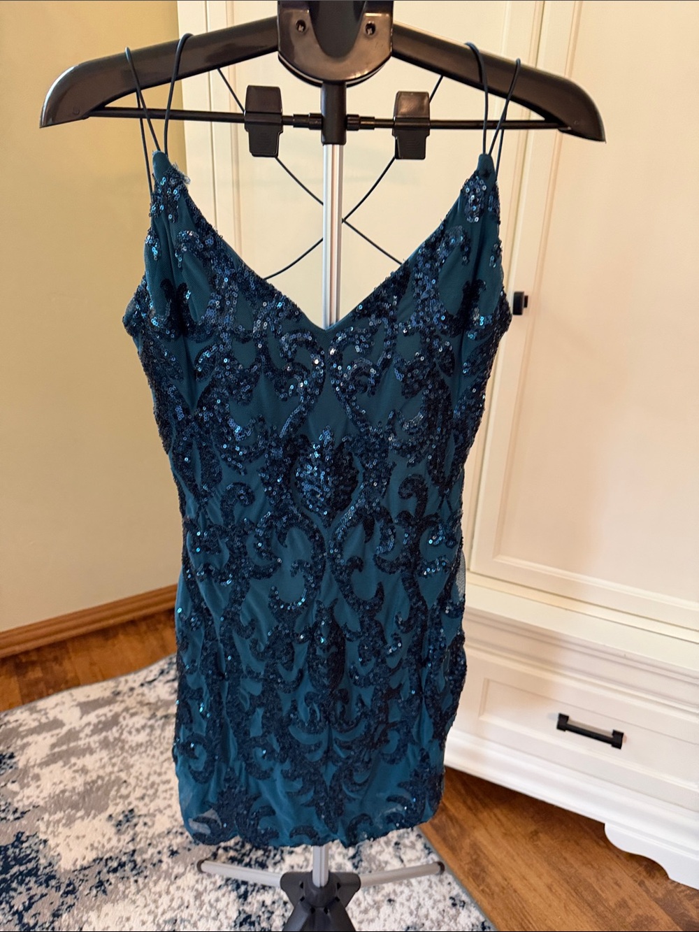 Windsor Teal Sequined Spaghetti-Strap Mini Dress